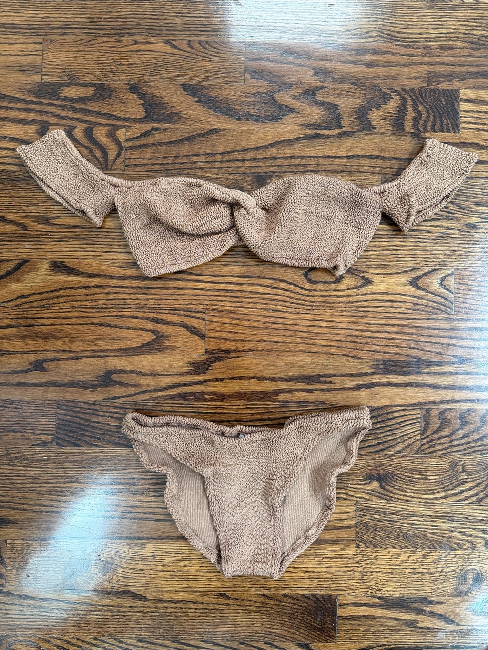 Hunza G Bridgette Texture Off-Shoulder Bikini Set in Light Brown